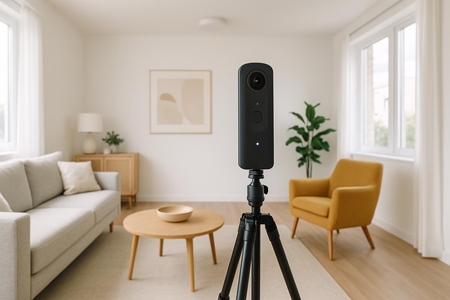 A bright, modern living room being scanned by a 360-degree camera on a tripod