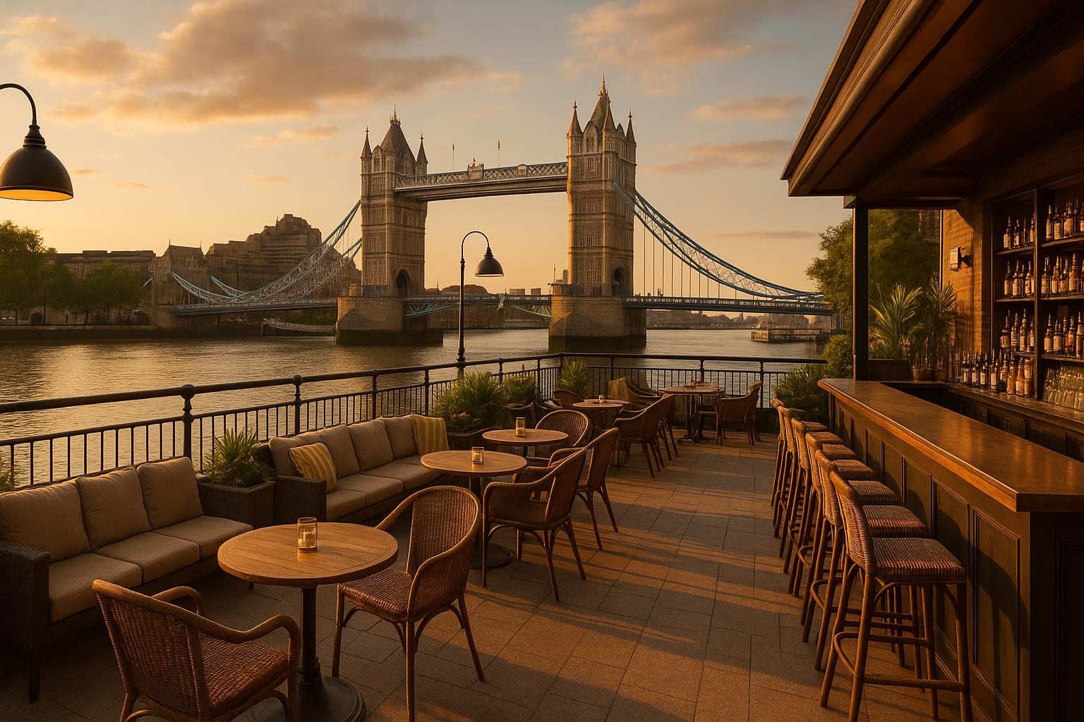 A riverside bar terrace with Tower Bridge visible in the background at golden hour