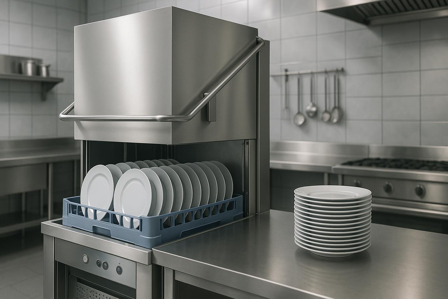 A stainless steel commercial dishwasher in a professional restaurant kitchen