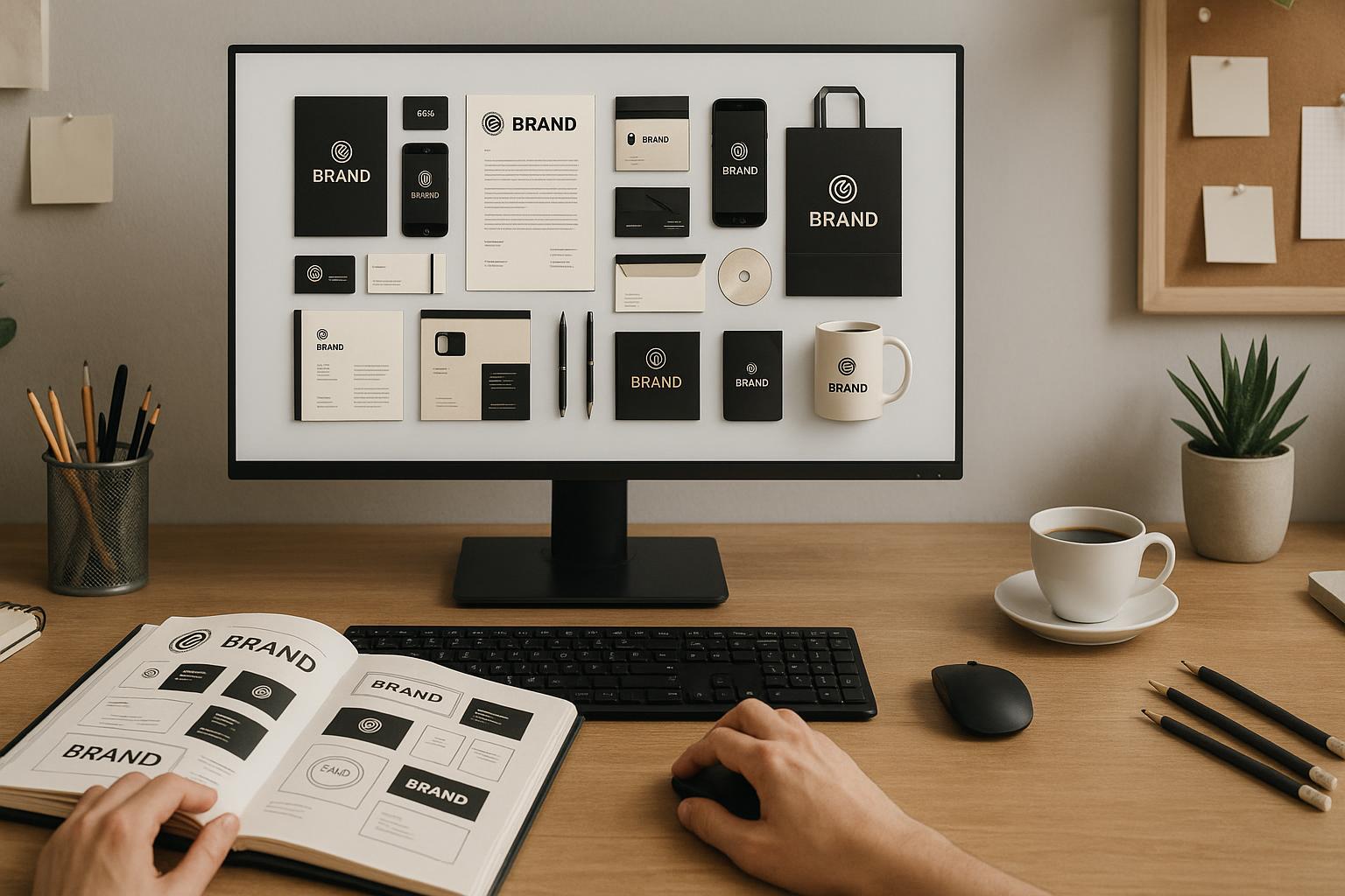 A designer's desk with a portfolio on a large monitor showing brand identity mockups