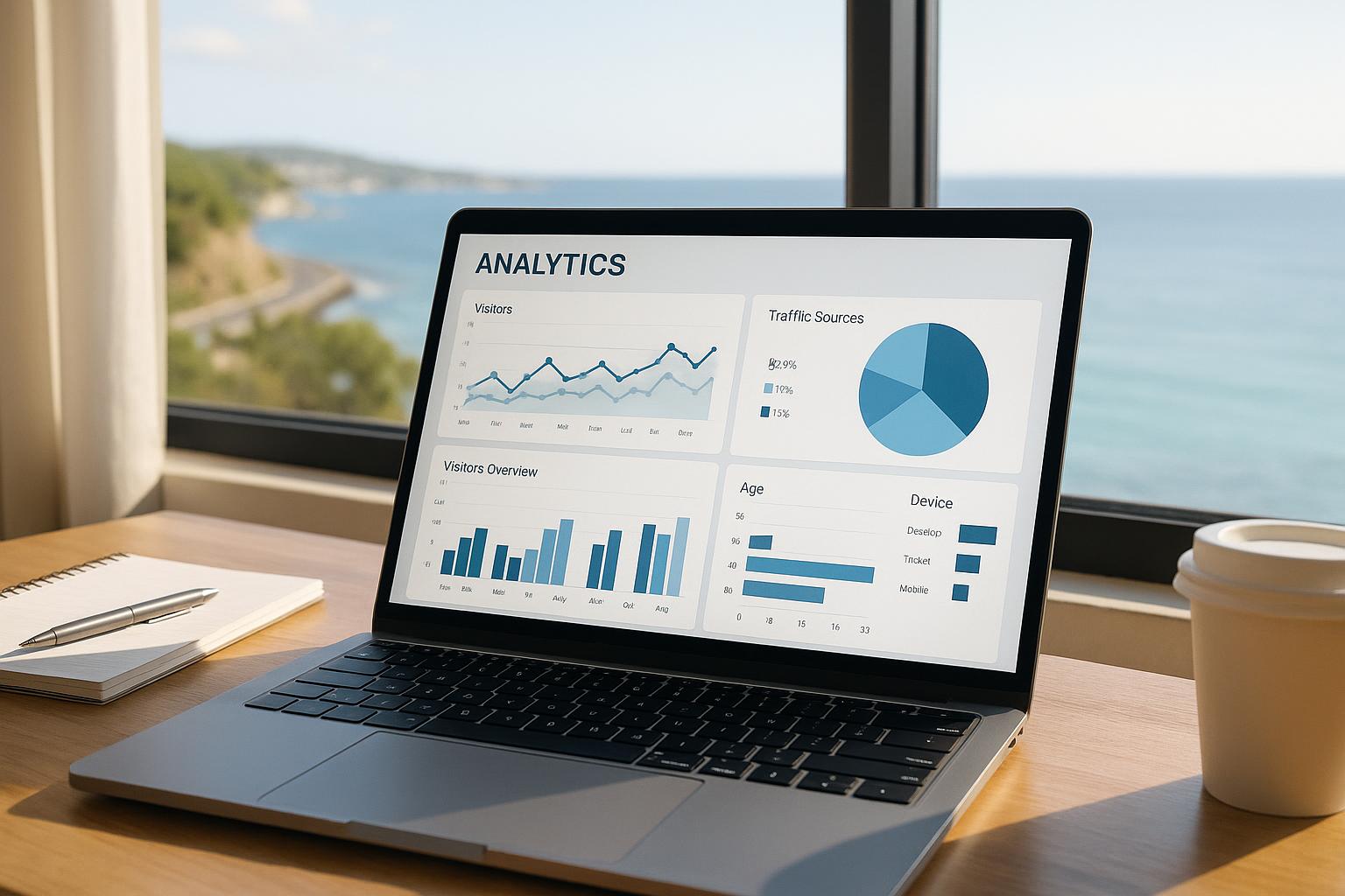 A laptop screen showing analytics dashboards near a window with coastal views