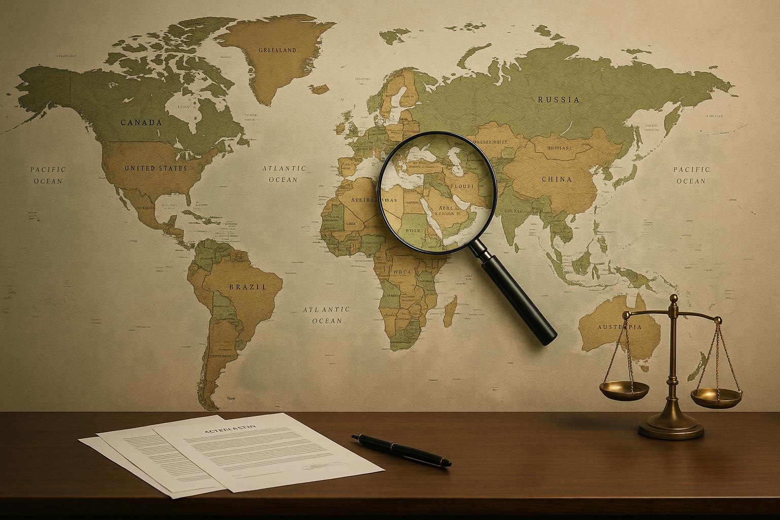 A world map with a magnifying glass over international borders and legal documents below