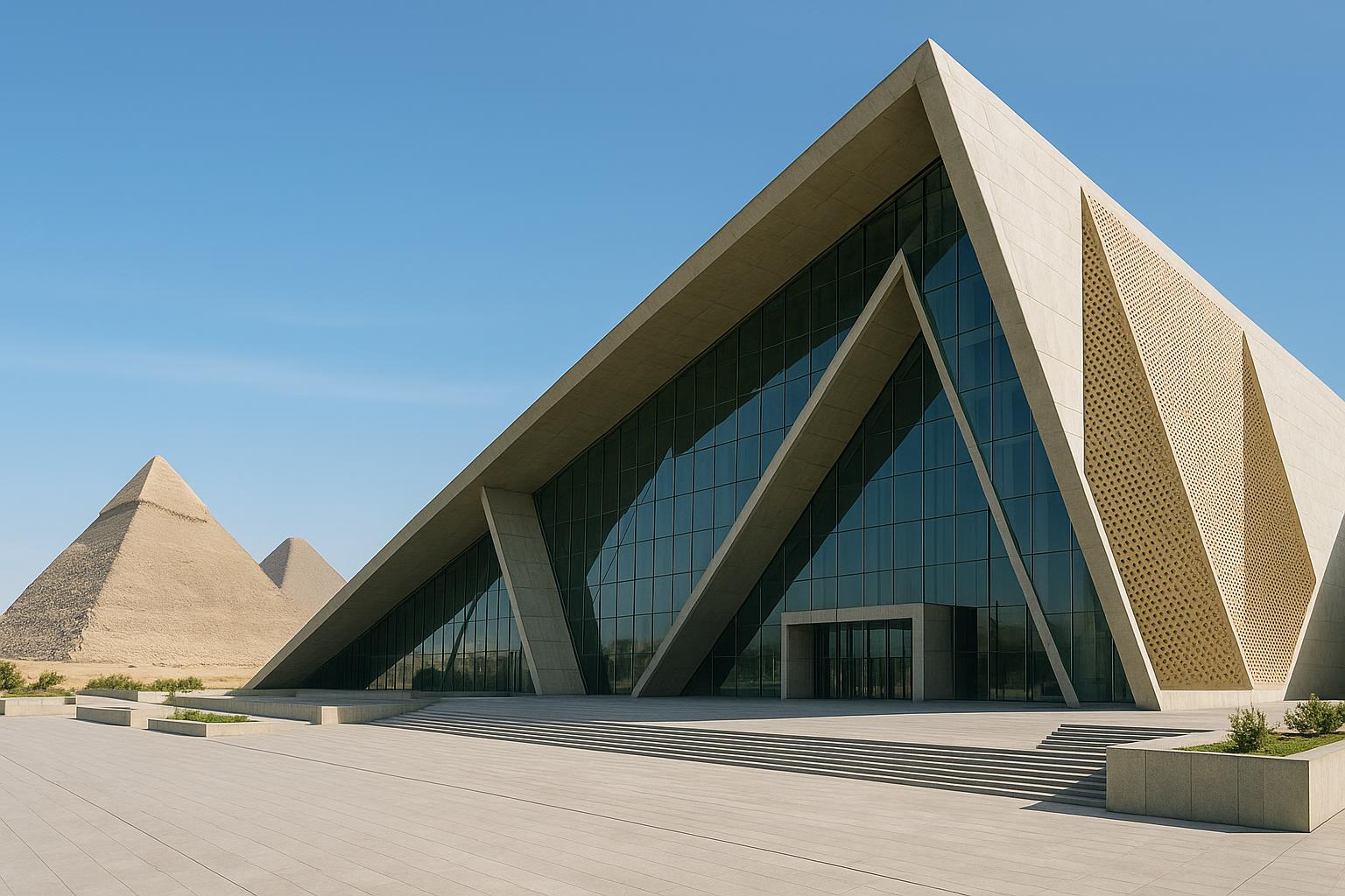 The exterior of a grand modern museum building near the Pyramids of Giza