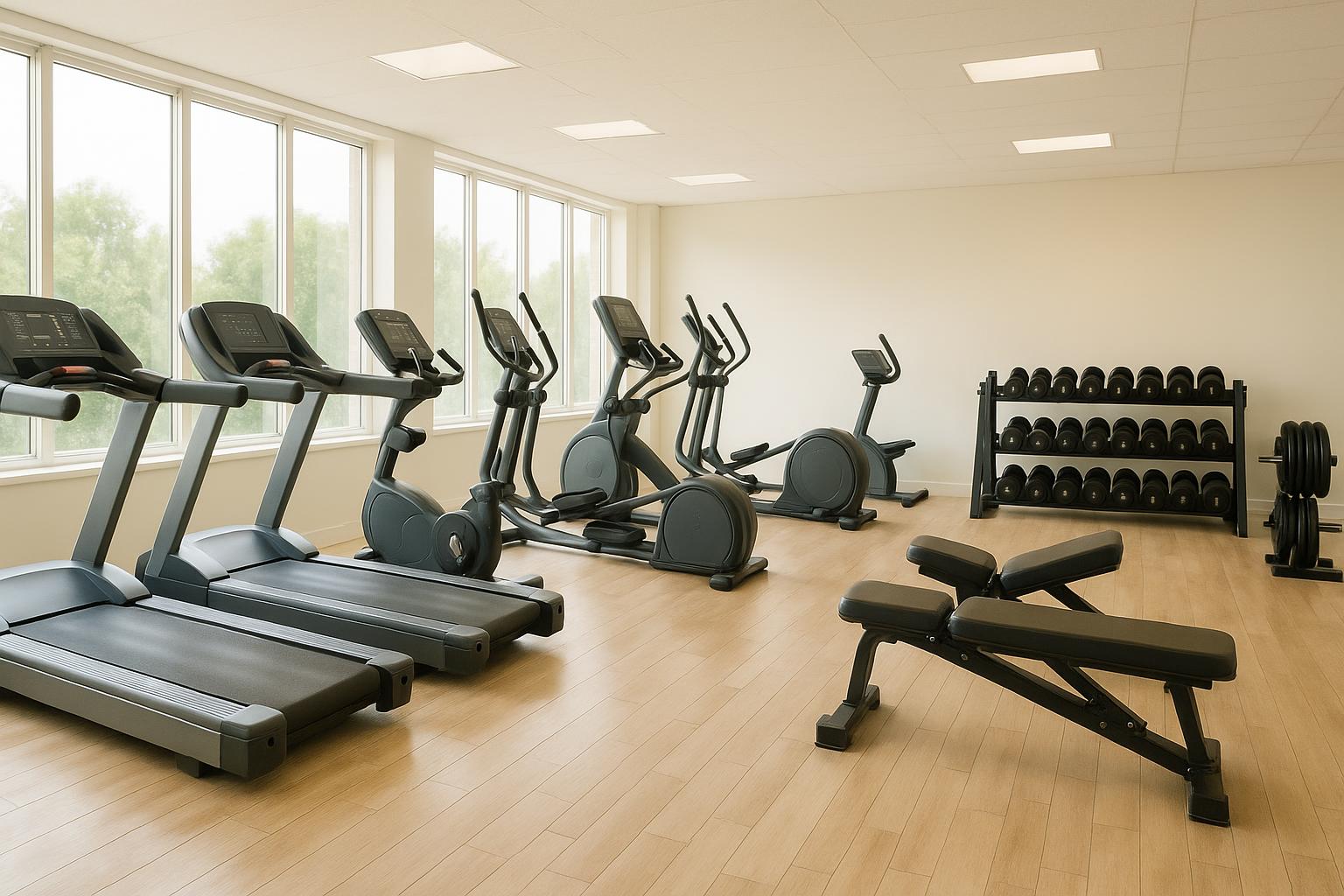 A clean, well-equipped gym floor with cardio machines and free weight area