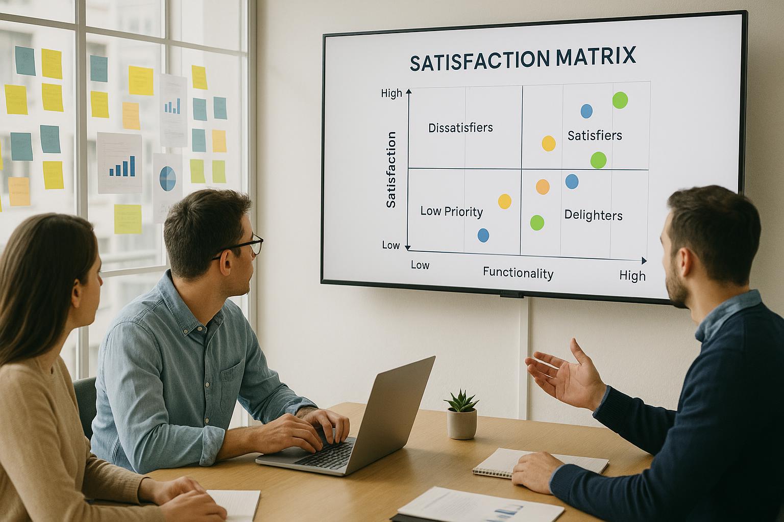 A product team reviewing a satisfaction matrix chart in a bright office