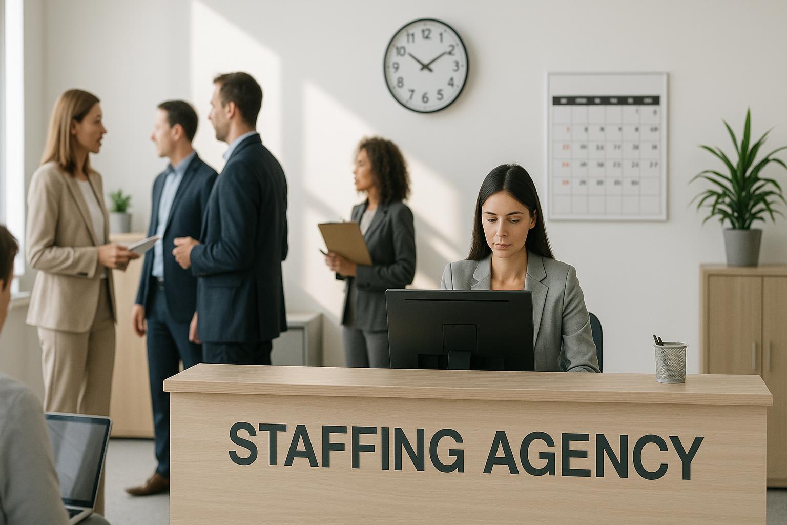 A busy modern office reception area with a staffing agency desk